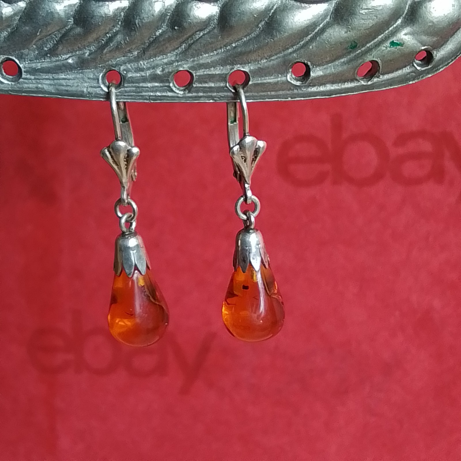 Sterling Silver Lever Back Dangle Earrings, Amber Teardrop, 1 3/8 in, Pre-owned