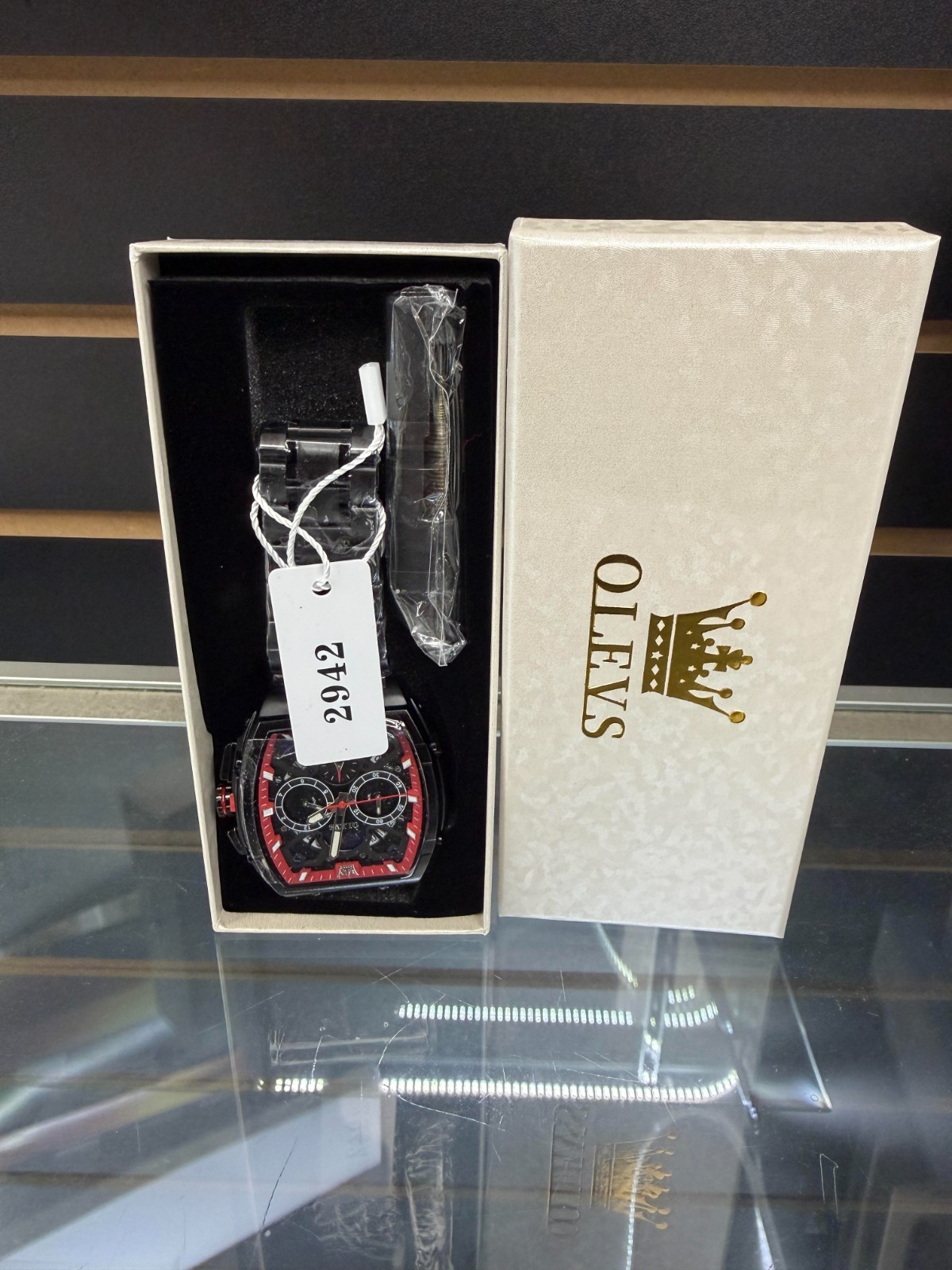 OLEVS 2942 black Strap Men’s Watch Moon Phase red rim dial