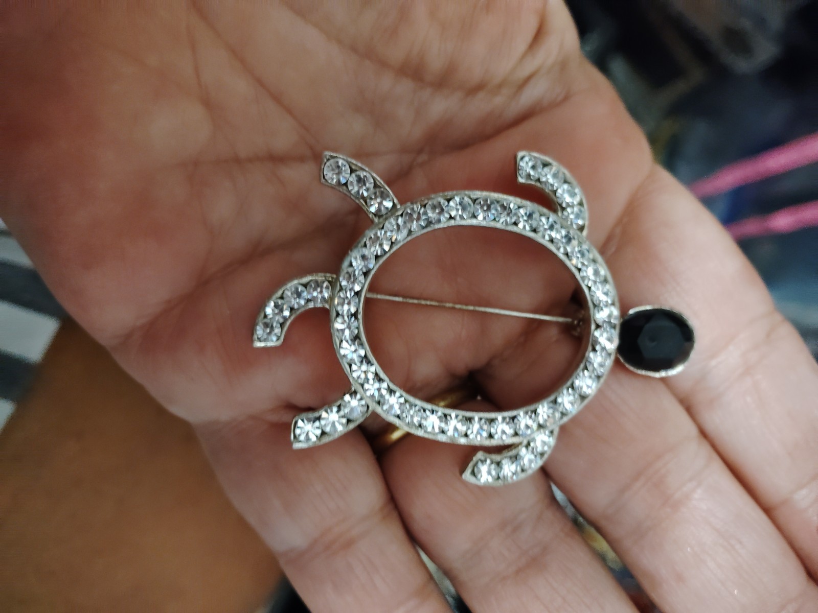 Silver Tone Turtle Brooch Pin Clear Round Rhinestones Black Accent Animals