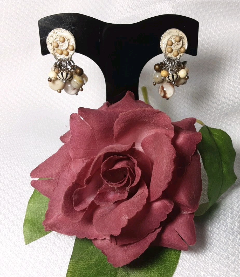 Earring Silver Tone Beige Tan Multicolor Different Shape Beaded Drop Dangle Clip