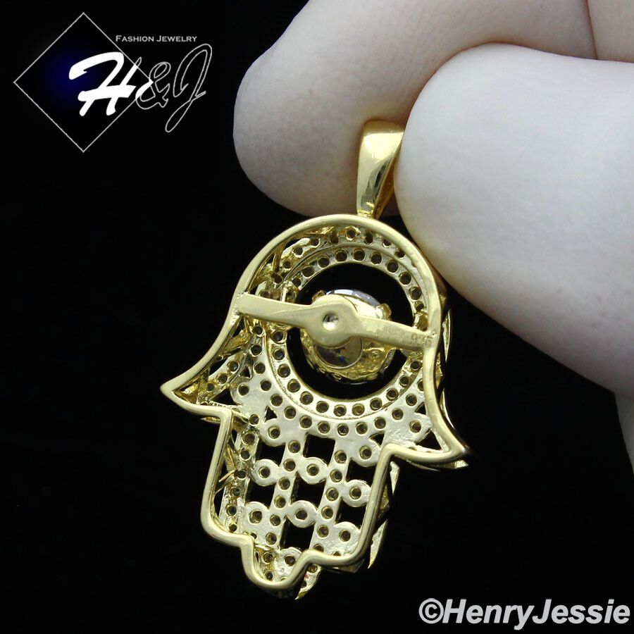 MEN WOMEN 925 STERLING SILVER ICY CZ GOLD PLATED 3D HAMSA HAND PENDANT*GP256