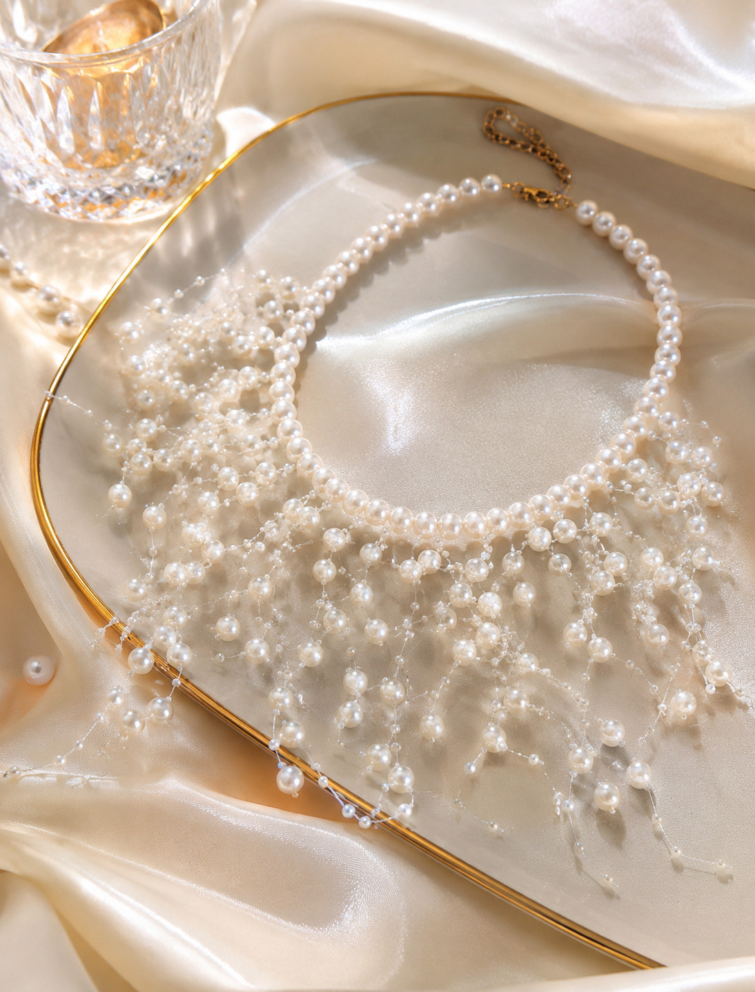 Luxury Pearl Bridal Choker Necklace Wedding Statement Bib Crystal Tassel Necklac