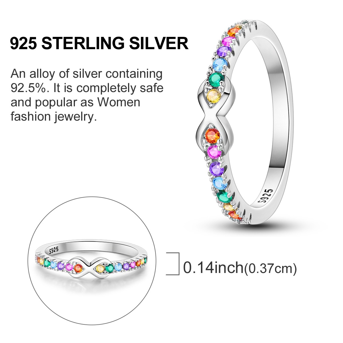 LAZA 925 Sterling Silver Colorful Rainbow Finger Ring AAA CZ Women Jewelry