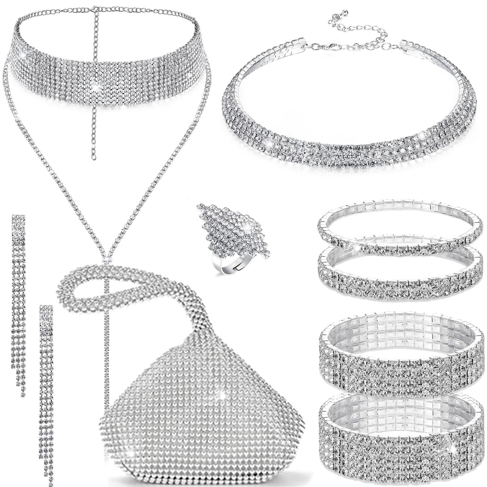 Rhinestone Jewelry Set for Women Wedding Bridal Triangle Bling Clutch Bag Gli…
