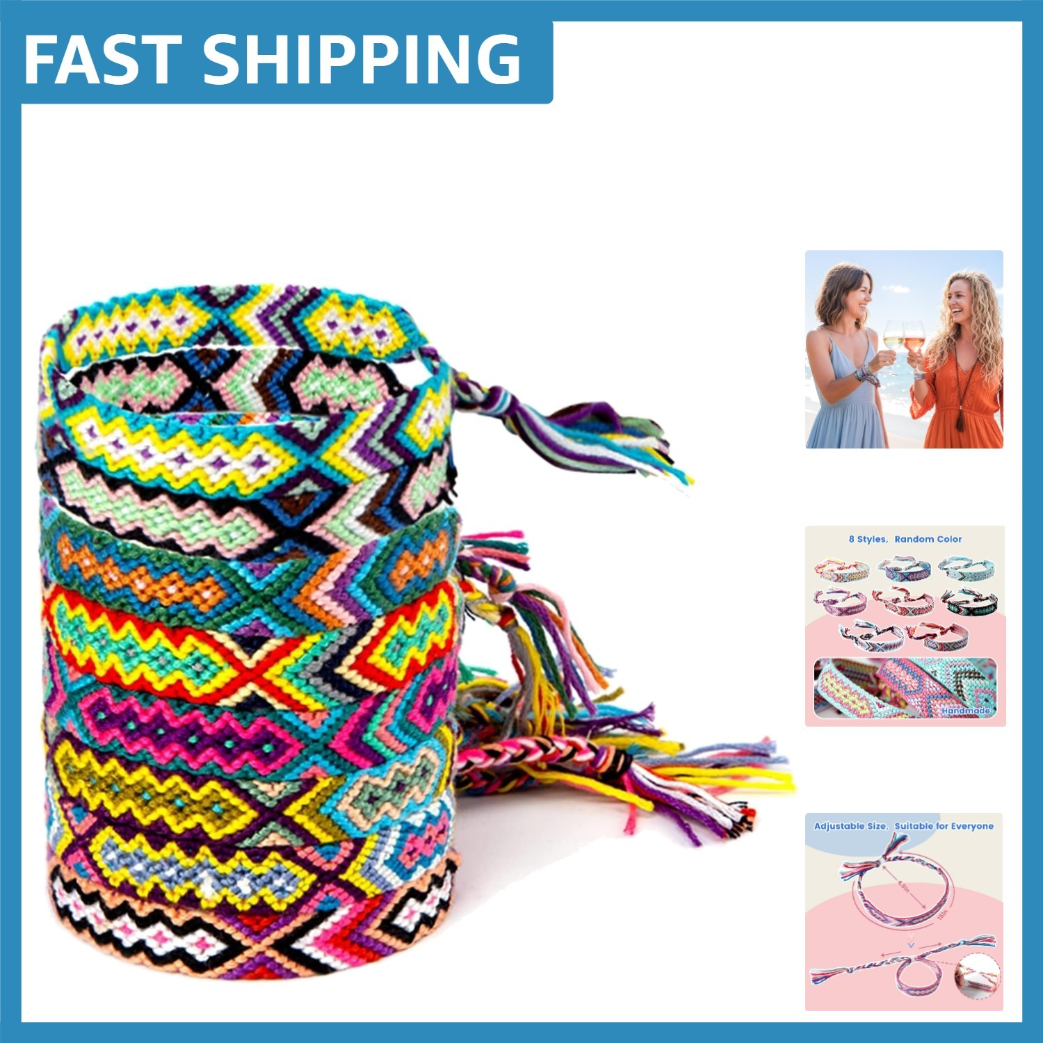 8PCS Handmade Nepal Style Colorful Woven Friendship Bracelets for All Ages