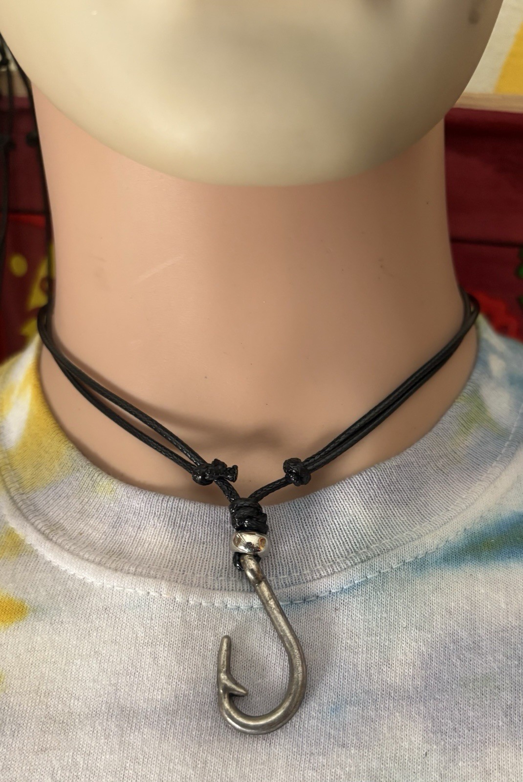Fish Hook Charm Pendant Black Cord Necklace Nautical Theme Adjustable No Clasp