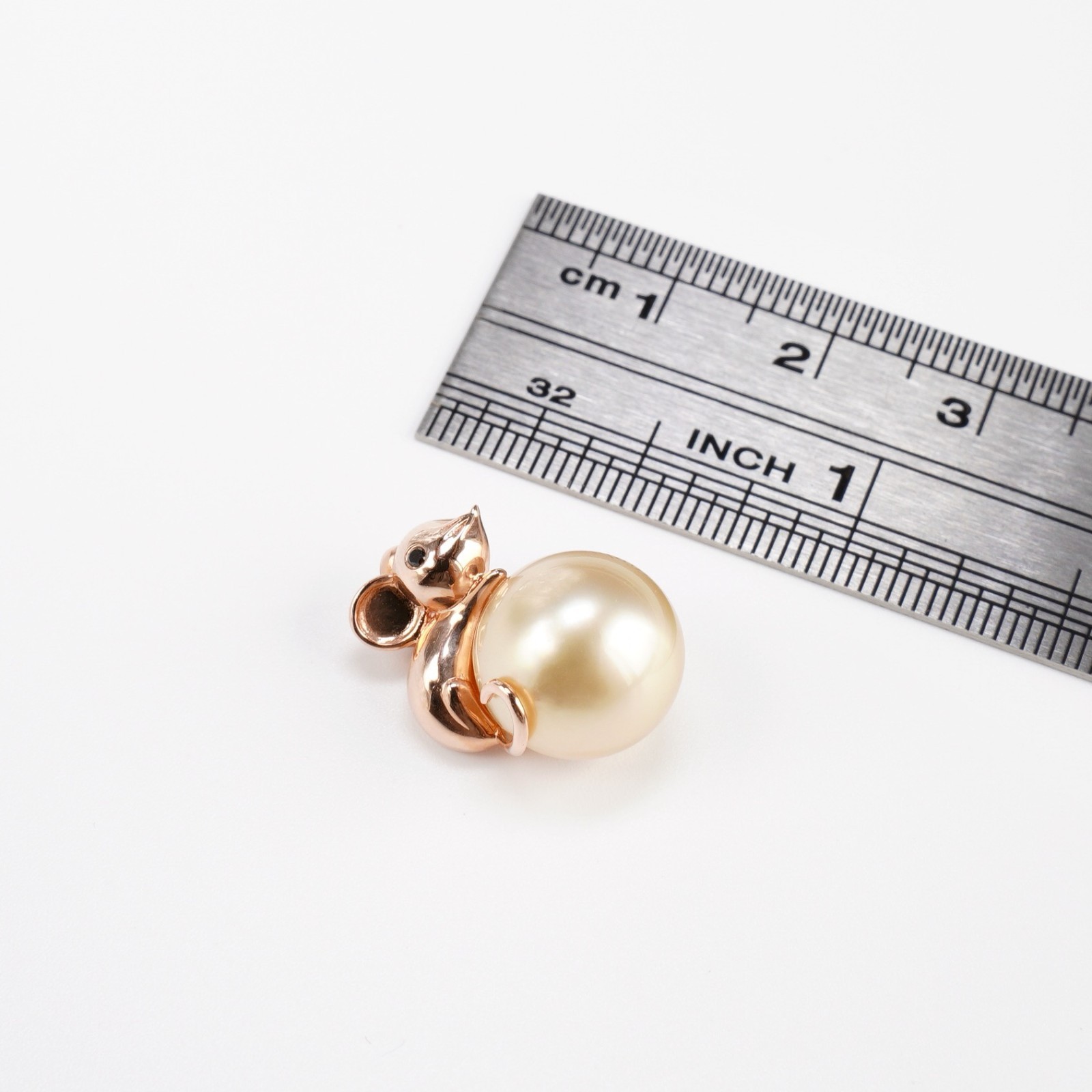 Cute Mouse Design, 11.3MM Round Gold South Sea Pearl Pendant 14Kt Rose Gold,0.7″