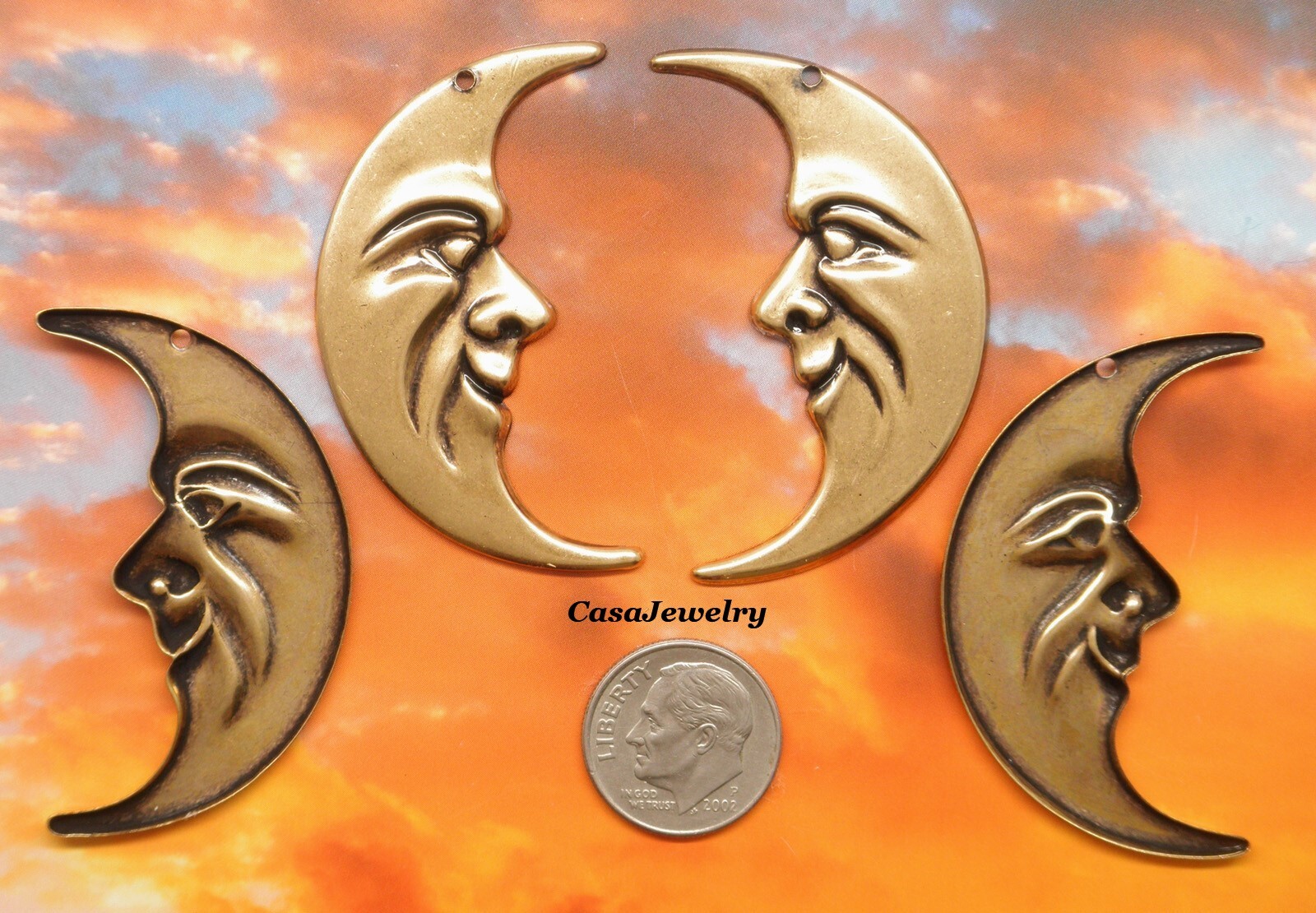 #0278 LARGE ANTIQUED GOLD CRESCENT MOONS LEFT + RIGHT’s – 4 Pc Lot (2 Pair)