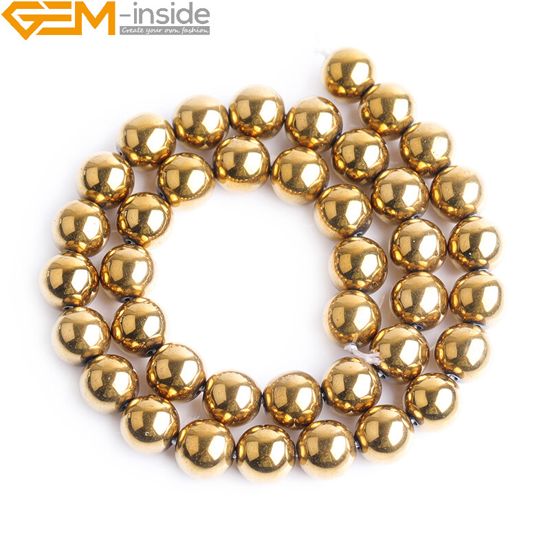 Metallic Coated Hematite Stone Spacer Gold Beads For Jewelry Making 15″ Round