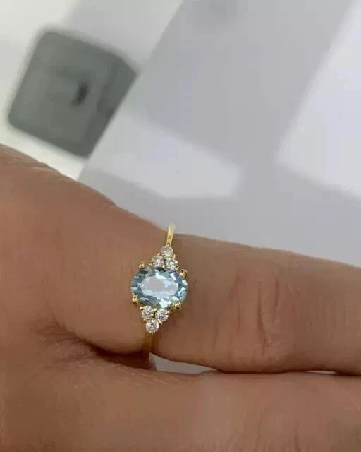 2Ct Oval Cut Simulated Aquamarine Women Engagement Ring 14K Yellow Gold Plated