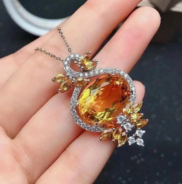 Lab Created Citrine 3.00Ct Oval Cut Designer Pendent 14K White Gold Plated 18”