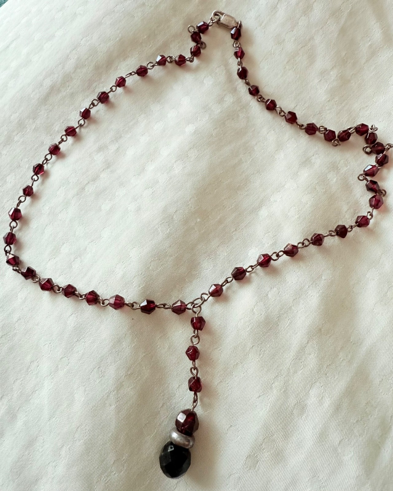 Vintage sterling silver 925 garnet Y necklace beaded pendant 15.5″ with 1.5″ ex
