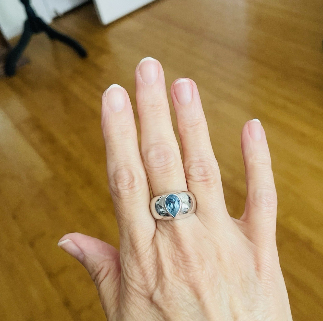 Pear Shape Blue Topaz Ring Silver 925 Wide Band Setting Size 8.5 Slight Damage