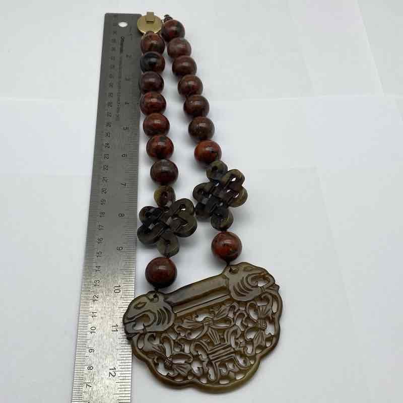 Vintage Chinese Export Carved Jade Jasper Bead Statement Necklace 20″ 265g