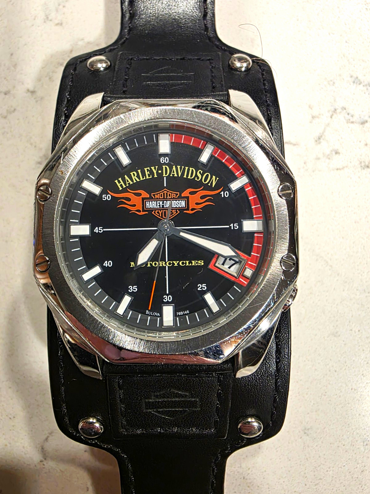 Bulova Harley-Davidson Men’s Quartz Date Watch 47mm Black Leather Strap