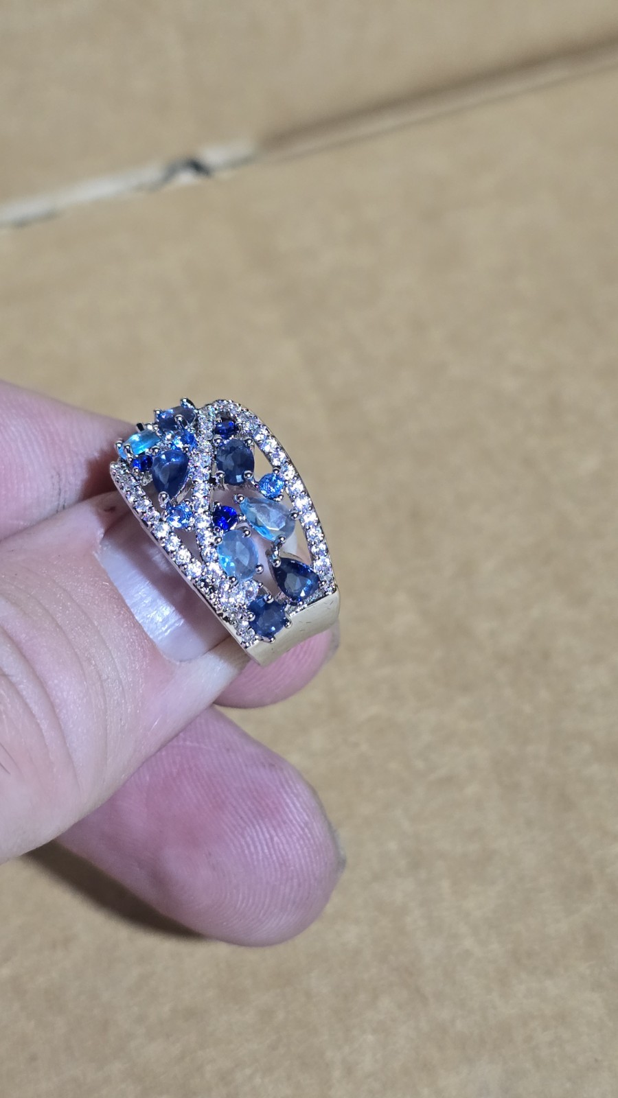 Boho Silver Tone Blue Crystal Teardrop Cluster Cocktail Ring Size 7