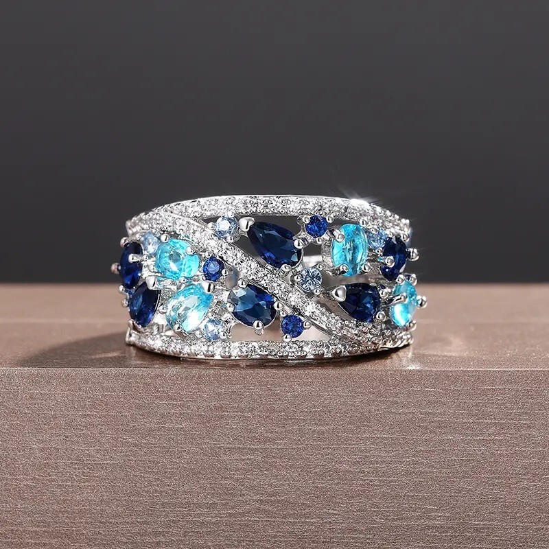Elegant 925 Sterling Silver Blue White Topaz Wedding Engagement Ring Size 10