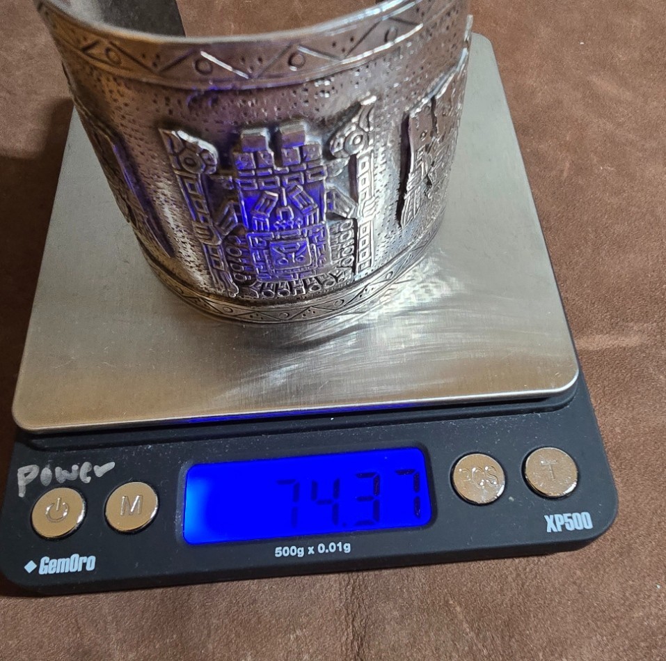 Vintage Peruvian Sterling Silver Cuff Bracelet Pre-Columbian Inca Inspired Motif