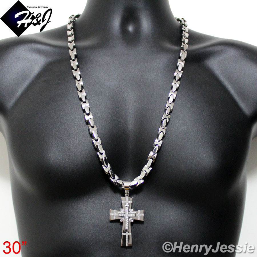 30″MEN Stainless Steel HEAVY 8mm Silver Interlock Link Chain CZ Cross Pendant*N7