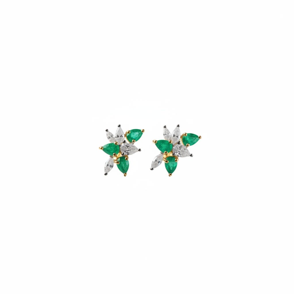 Natural Emerald Flower Cluster Stud Earrings 3x4mm Platinum Plated