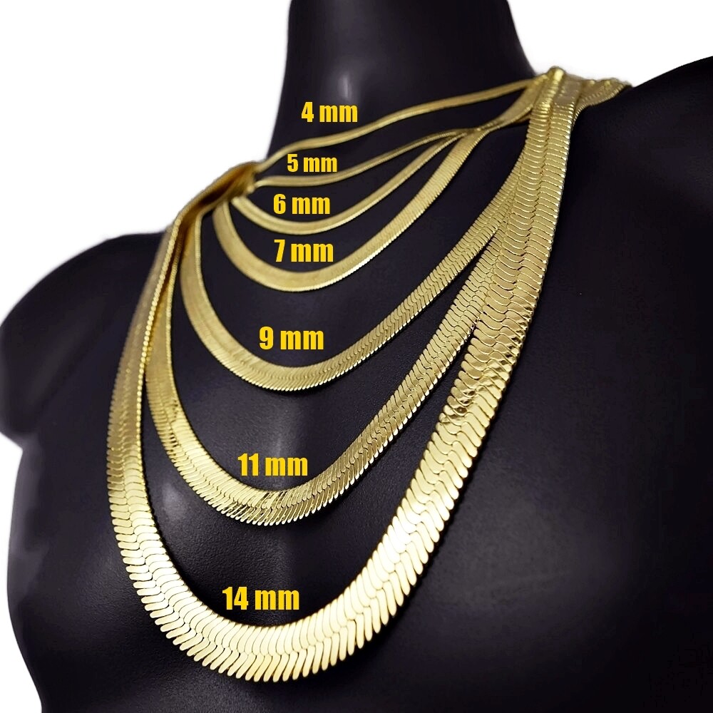Mens 14K Gold Plated Herringbone Chain Flat Hip Hop Necklace 20″-30″ 4MM-14MM