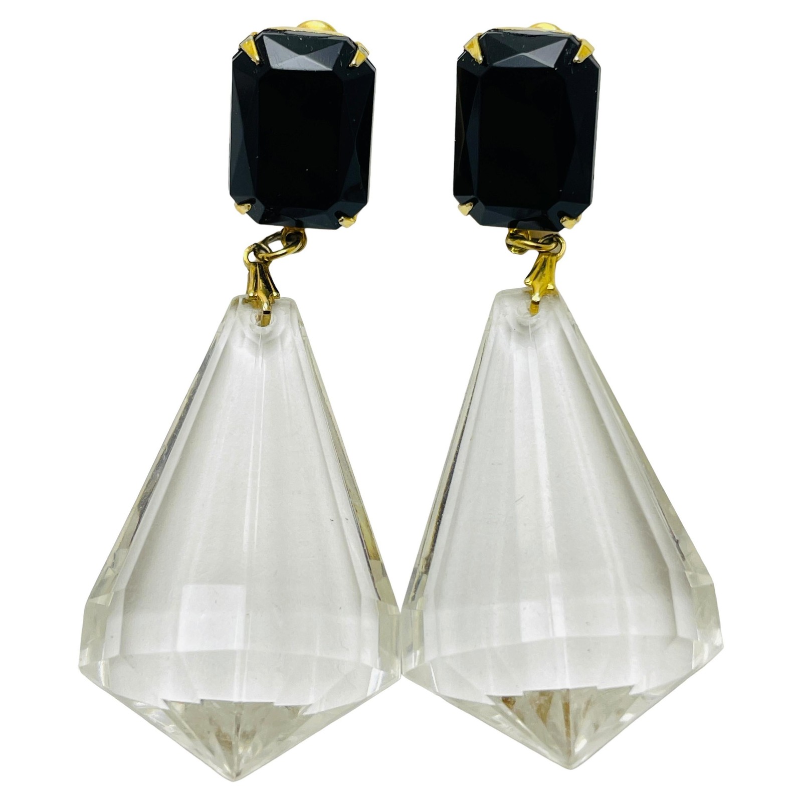 Vintage gold black clear long designer runway pierced earrings