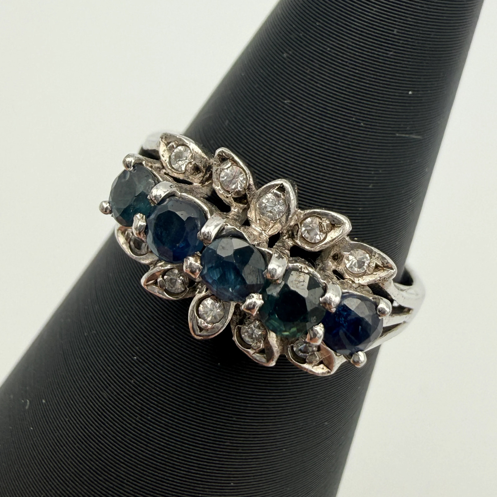 Silver Ring 925 Sterling Blue Green Stones Cubic Zirconia Ring Size 56 Vintage 1990