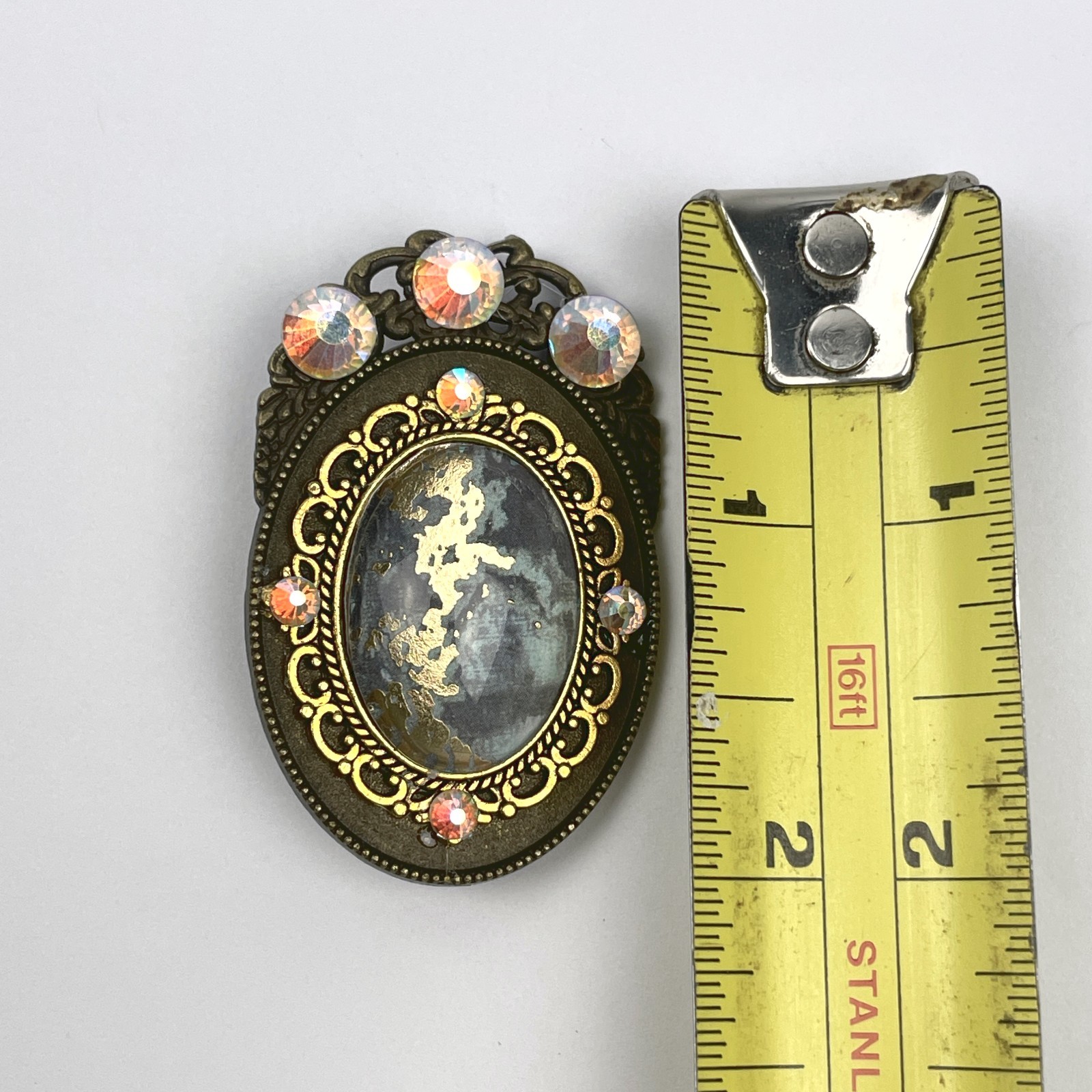 Unsigned Vintage Style Brooch Pendant Resin Cabochon AB Rhinestone Filigree