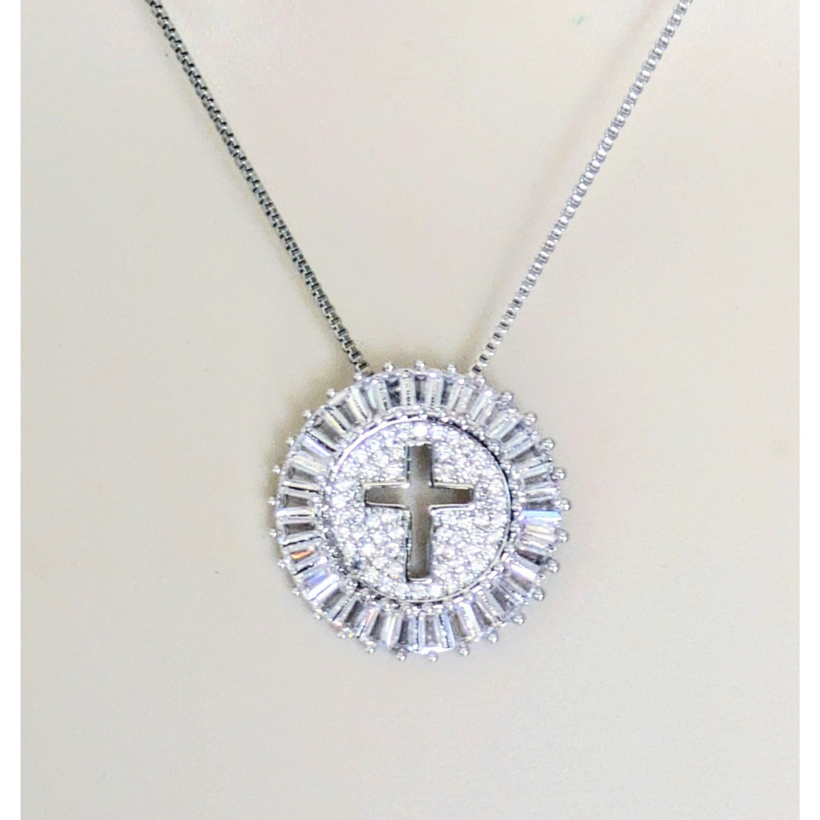 Rhodium Plated Pave Baguette C.Z. Stone Holy Cross Pendant Chain Necklace 16-20″
