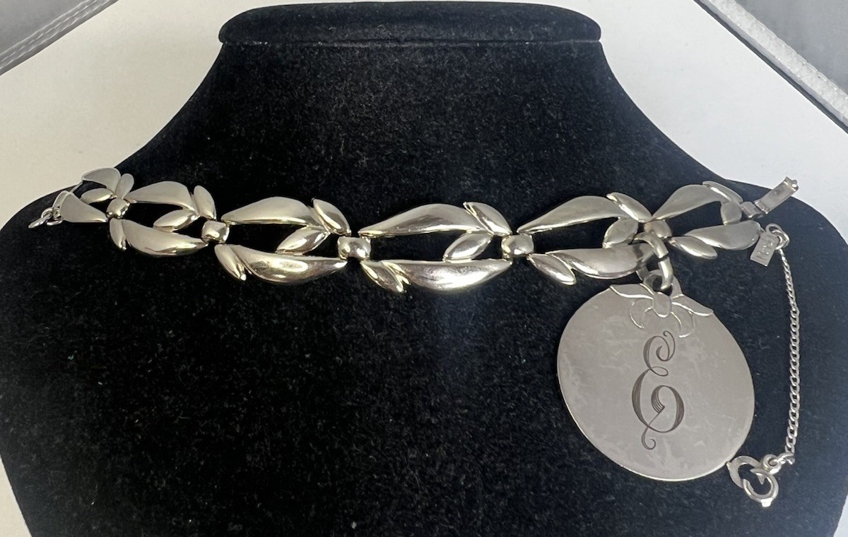 Vintage Monet Silver Tone Large Initial E Charm Leaf Bracelet with Safety Chain