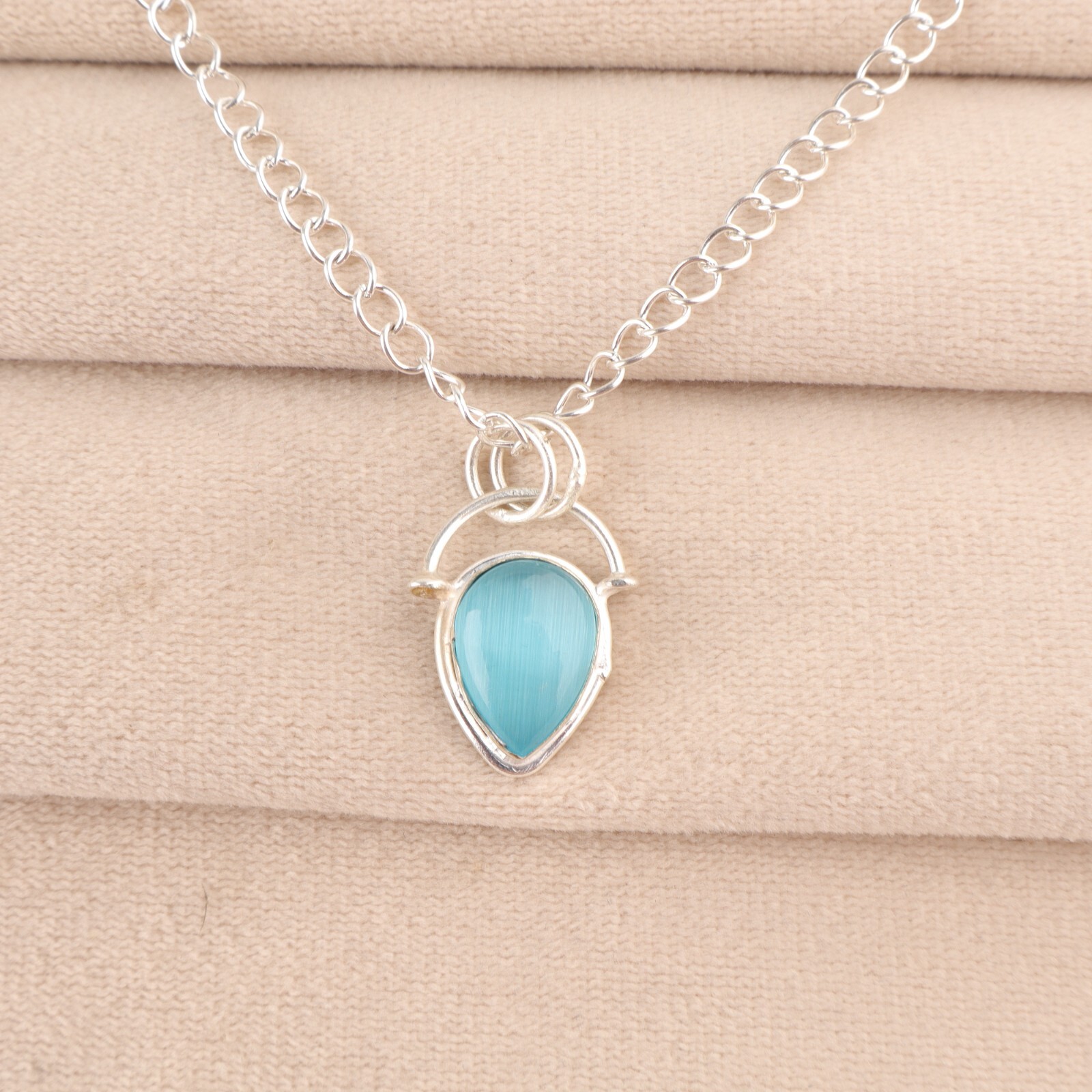 925 Silver Blue Cat’s Eye Gemstone Jewelry Handmade Dainty Pendant 1.01″ For Her