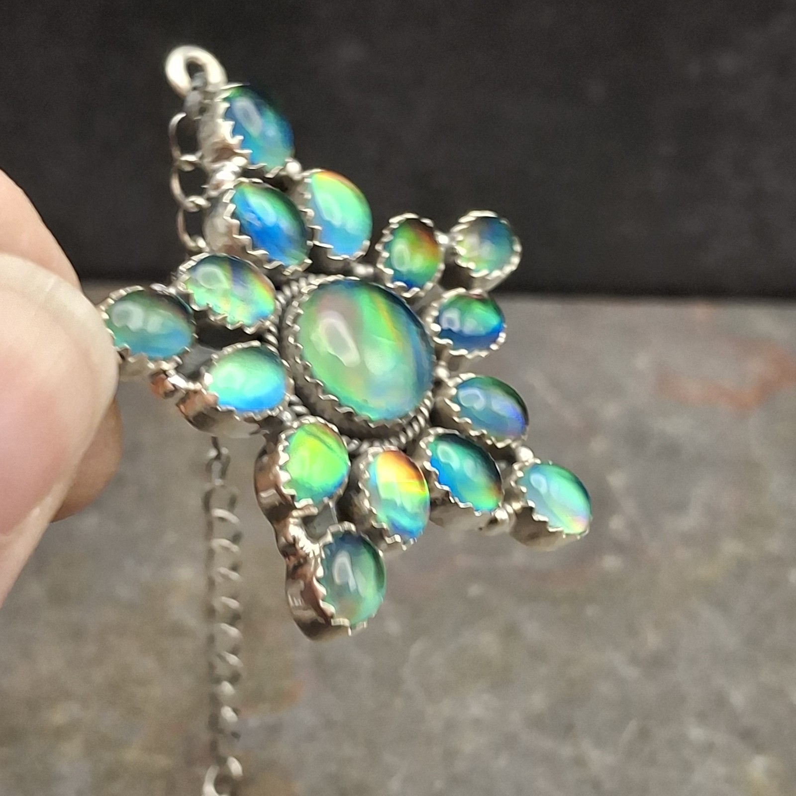 Aurora Opal Starburst Cluster Necklace 18-20″ Sterling Silver Southwestern