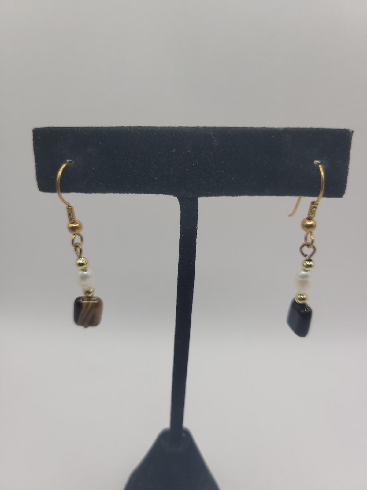 Handmade Brown Black & White Beaded Dangle Earrings Gold Tone Fishhook Boho