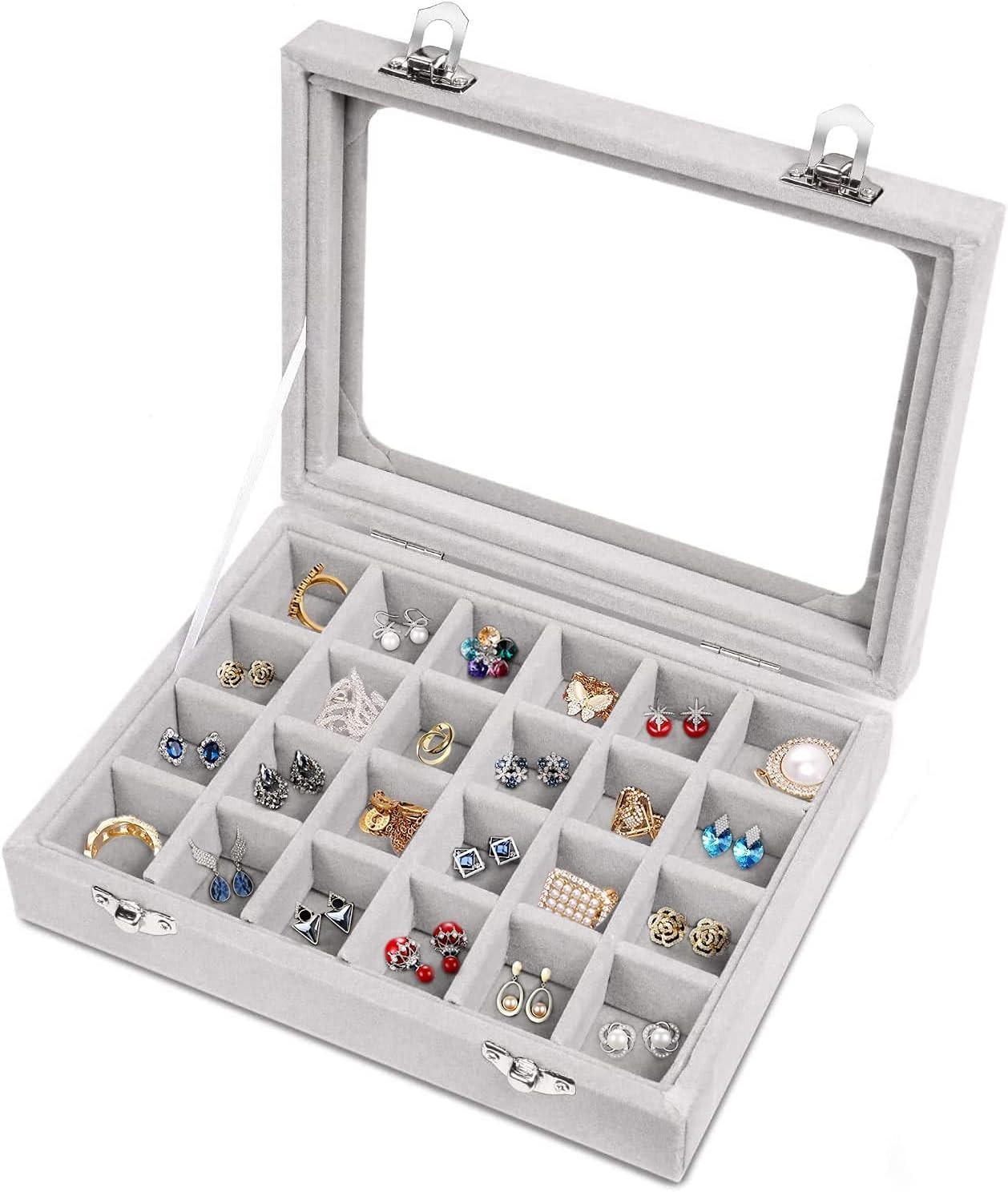 Adjustable Velvet Jewelry Box – 24 Grid Organizer for Rings & Earrings – Grey