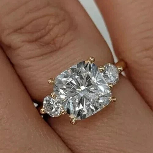 Cushion Cut Lab Grown Diamond Ring 14k Yellow Gold IGI Certified 3.4 Ct VVS E F