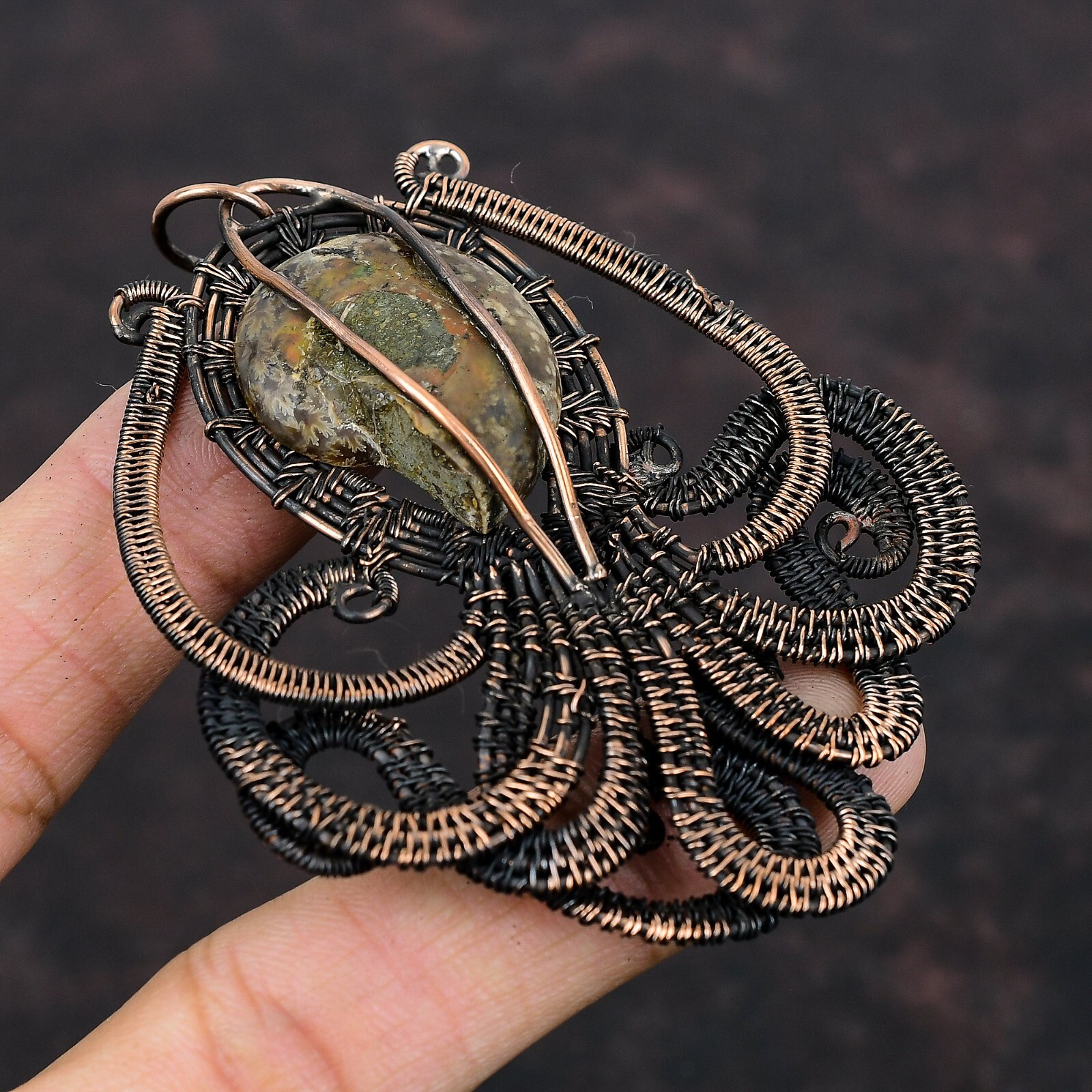Ammonite Fossil Copper Bestie Gift Wire Wrapped Octopus Pendant 3.23″