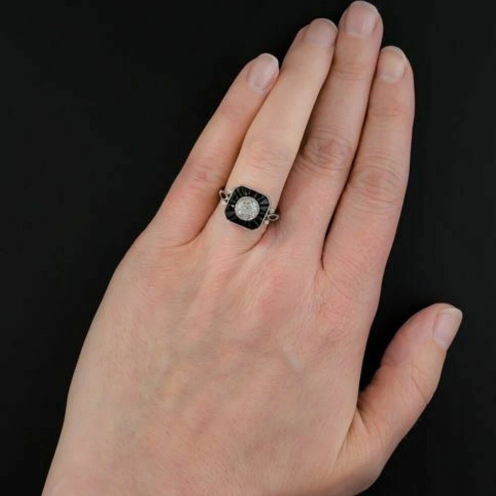 Art Deco Vintage Round Lab Created Diamond & Onyx Engagement Ring In 925 Silver