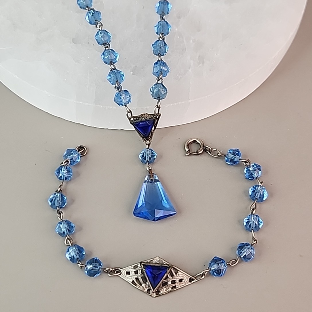 Vintage Art Deco Necklace Bracelet Set Blue Glass 16″