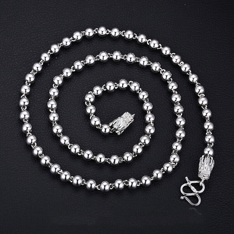 999 Pure Silver Chain Men’s 4mm/5mm/6mm Real Silver Beaded Necklace Dragon Head