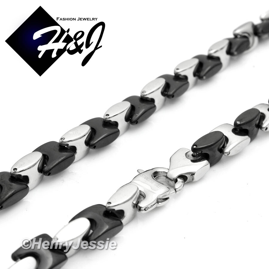 24″MEN Stainless Steel 8mm Black Plated Interlock Bone Chain Necklace Pendant*J1
