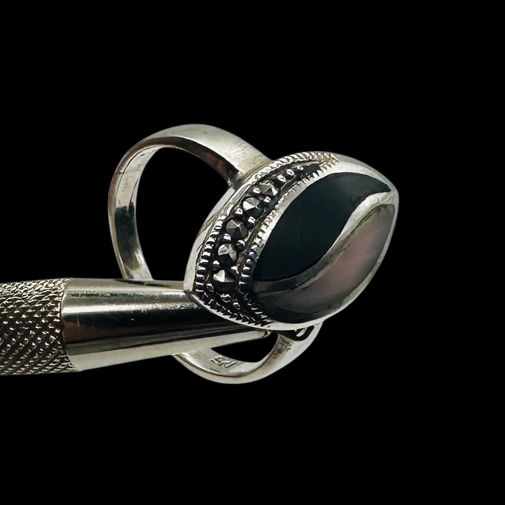 Onyx Mother of Pearl Marcasite Sterling Silver Ring | 7 | Blue, White, Silver |