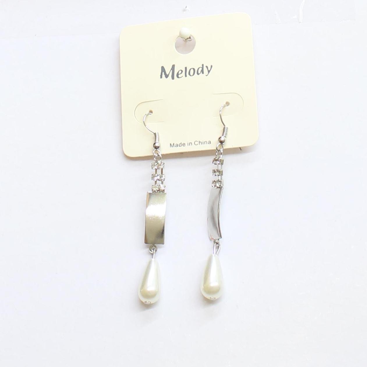 melody Fashion Dangly Rhinestone Faux Pearl Drop Earrings Silver Gray 2.75″