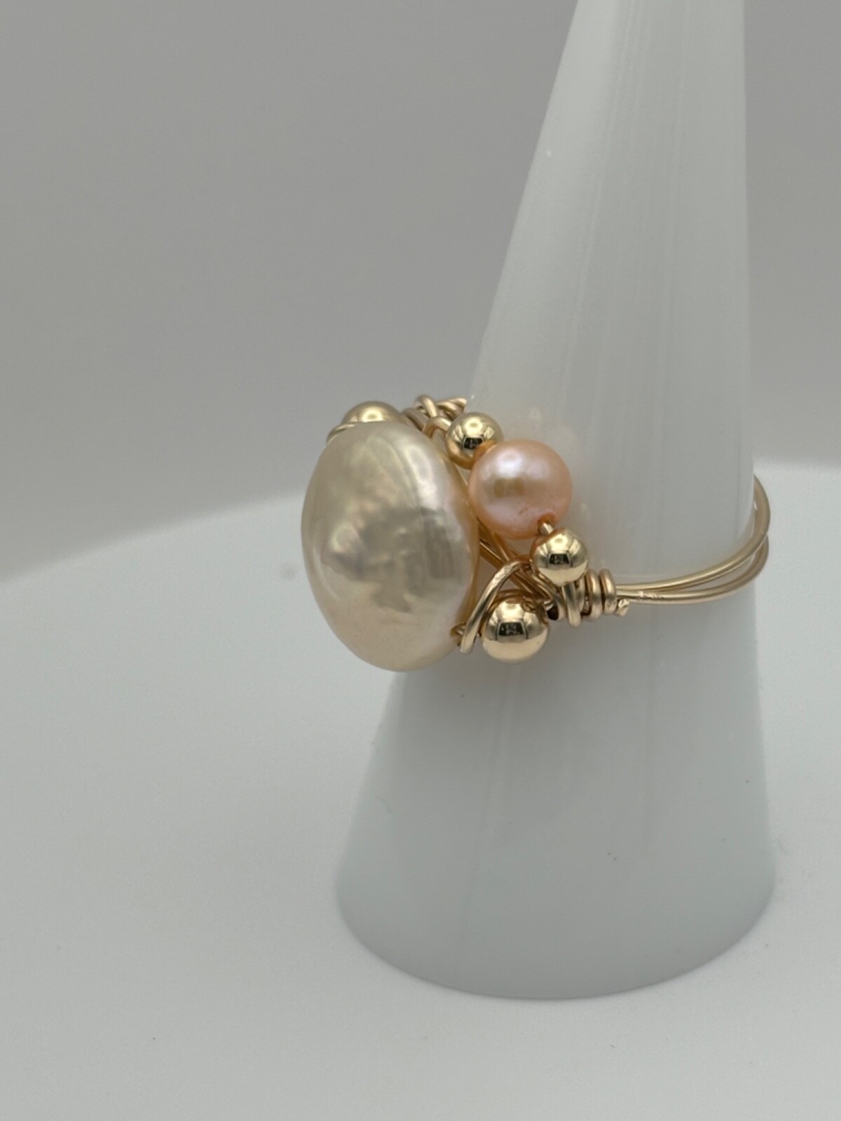 Handmade Freshwater Pink/Gold Coin Pearl Ring in 14k Gold Fill