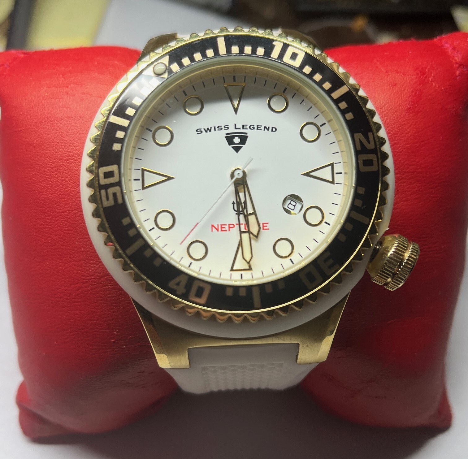 Swiss Legend Neptune Gold Tone Cream Dial Silicone Band Analog Watch with Box