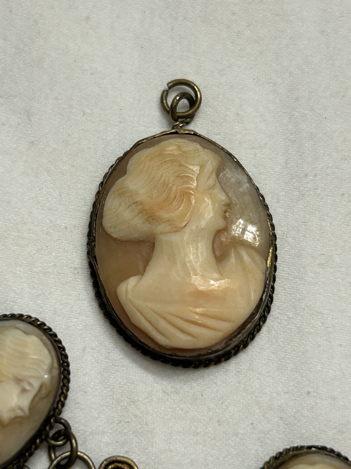 Antique Hand Carved Shell Cameo Brooch, Pendant & Bracelet Filigree Unmarked