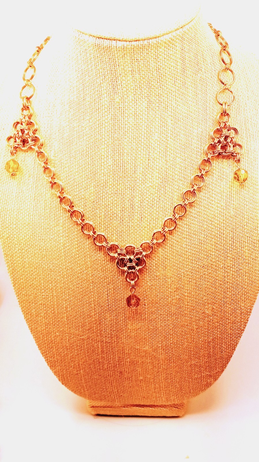 Golden Minimalist Chainmail Weave Necklace with Hazel Czech Crystal Pendants