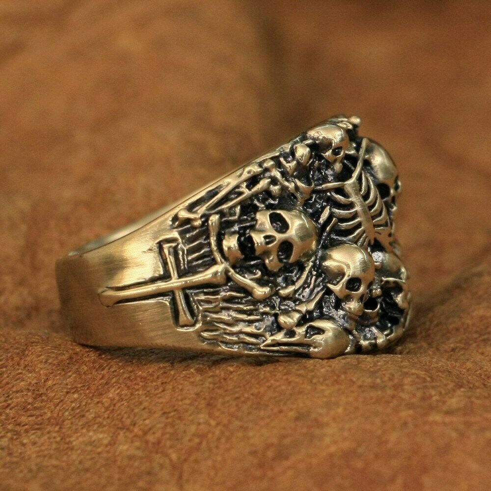 LINSION Rings Brass Skulls Grave Ring Mens Punk Jewelry BR257D US Size 7~15
