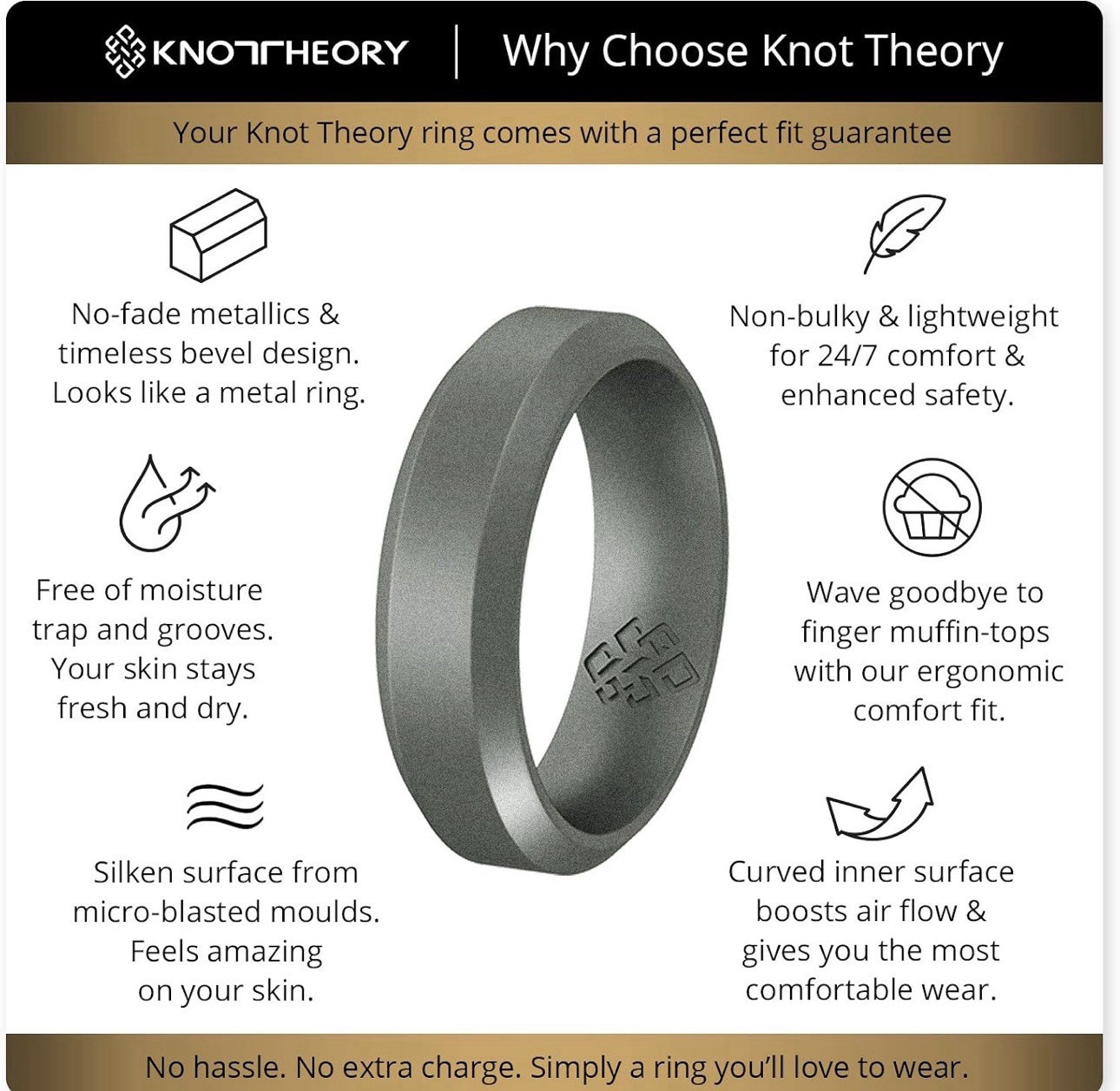 Knot Theory Comfort Fit Silicone Band Ring Dark Silver 6mm Size 15 Lightweight