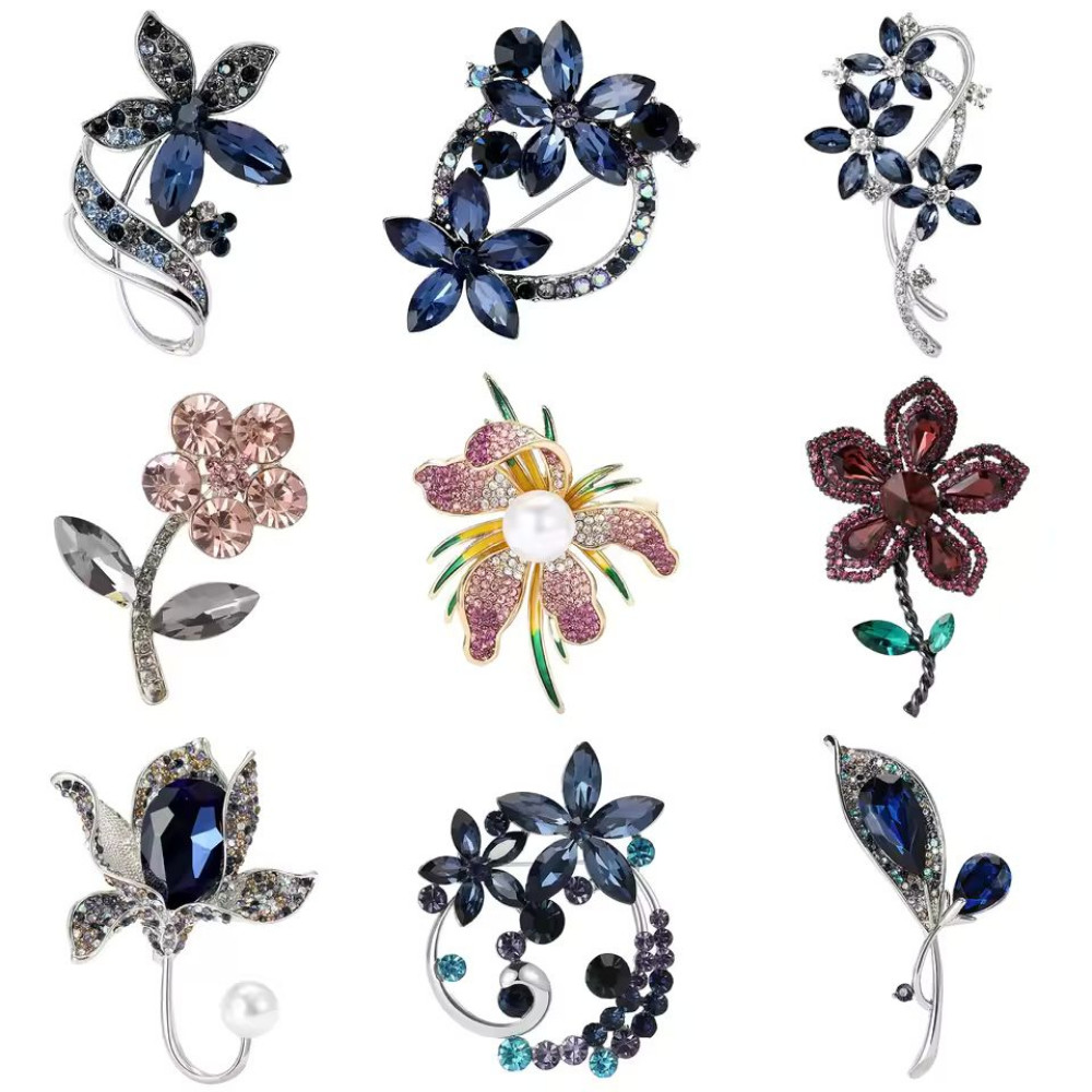 Luxury Rhinestone Flower Bouquet Brooch Gold Blue Floral Pin Nature Jewelry Gift