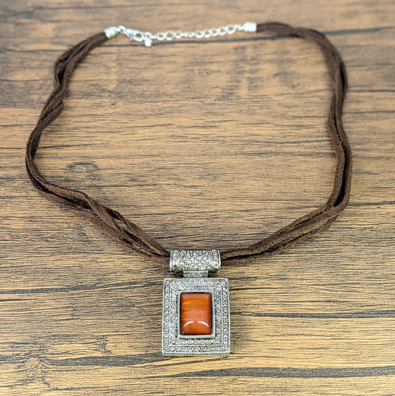 Vintage – 18″ Square Enamel Pendant Necklace, Triple Leather Stranded Chain